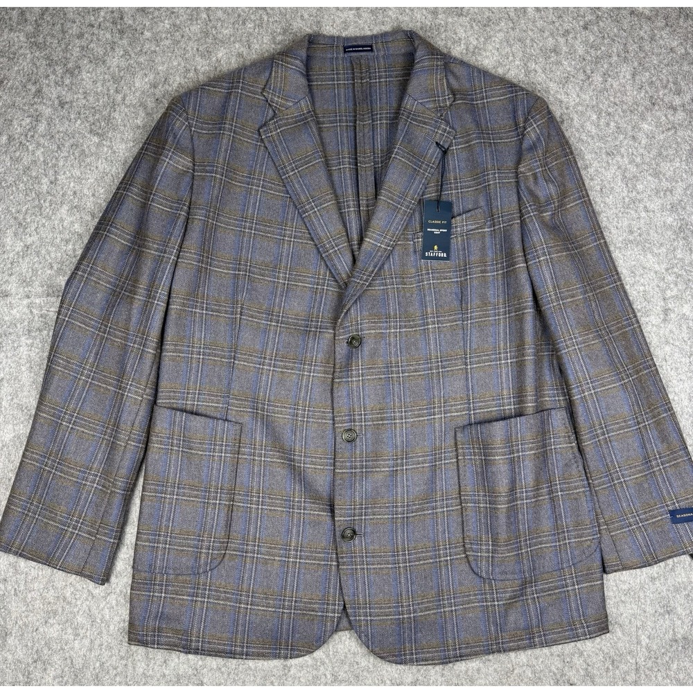 NEW $198 Stafford Men Blazer 50R Gray Plaid Wool Blend Sport Coat Jacket Unlined